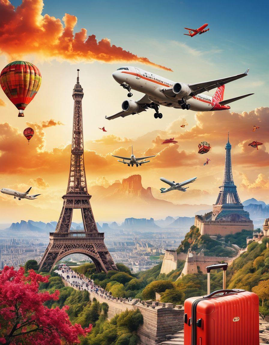 A collage of stunning travel destinations featuring an airplane soaring through a vibrant sky, surrounded by iconic landmarks like the Eiffel Tower and the Great Wall of China. Include price tags and colorful promotional graphics to represent airfare deals, with people happily packing their suitcases. The background should be a dreamy, ethereal landscape inviting adventure. super-realistic. vibrant colors. white background.