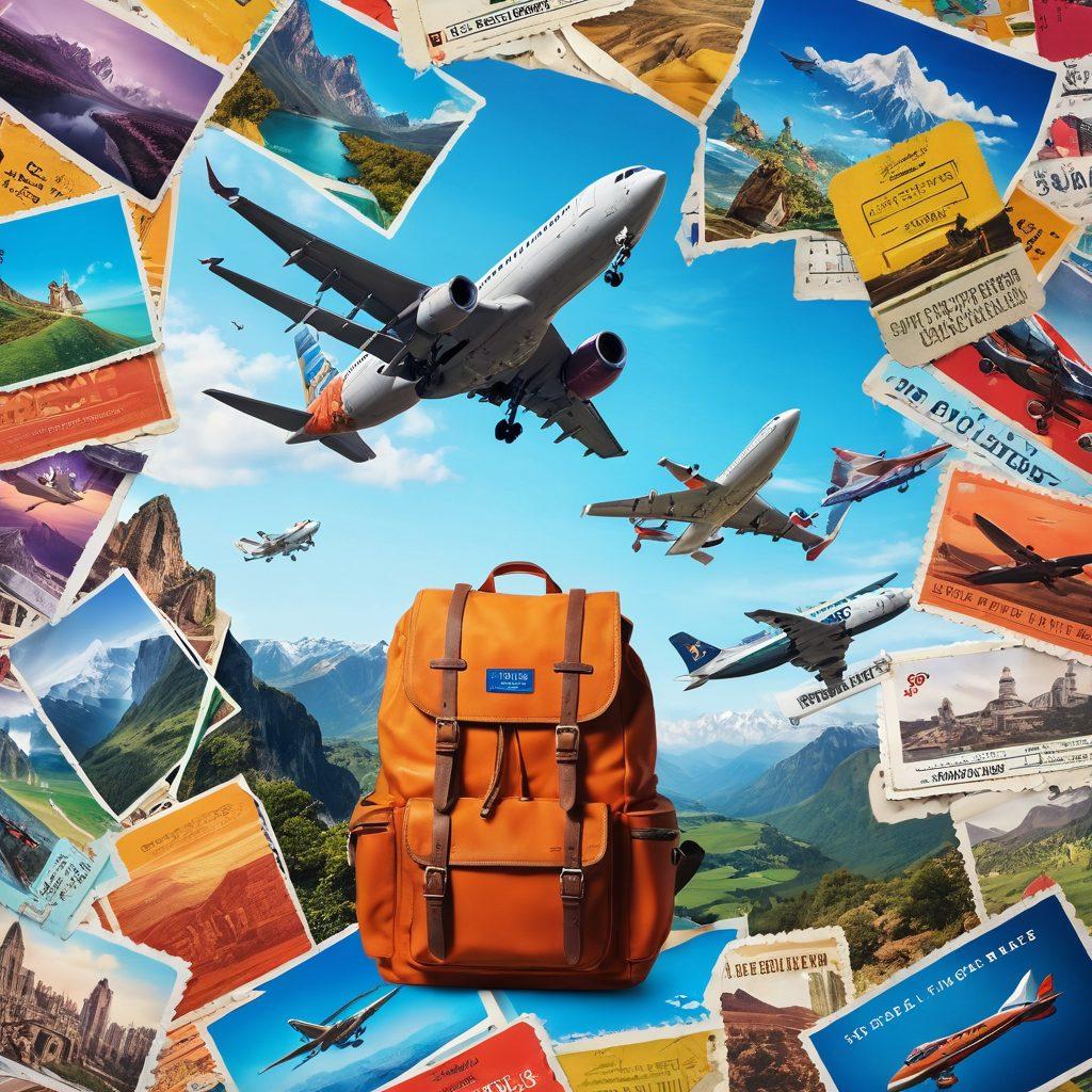 A dynamic collage showing an airplane soaring above picturesque landscapes representing various global destinations, with vibrant ticket prices slashed in bold, eye-catching font. Include passionate travelers of diverse backgrounds excitedly exploring the world, their backpacks overflowing with travel gear.Travel stickers and passport stamps scattered throughout for an adventurous feel. super-realistic. vibrant colors. 3D.