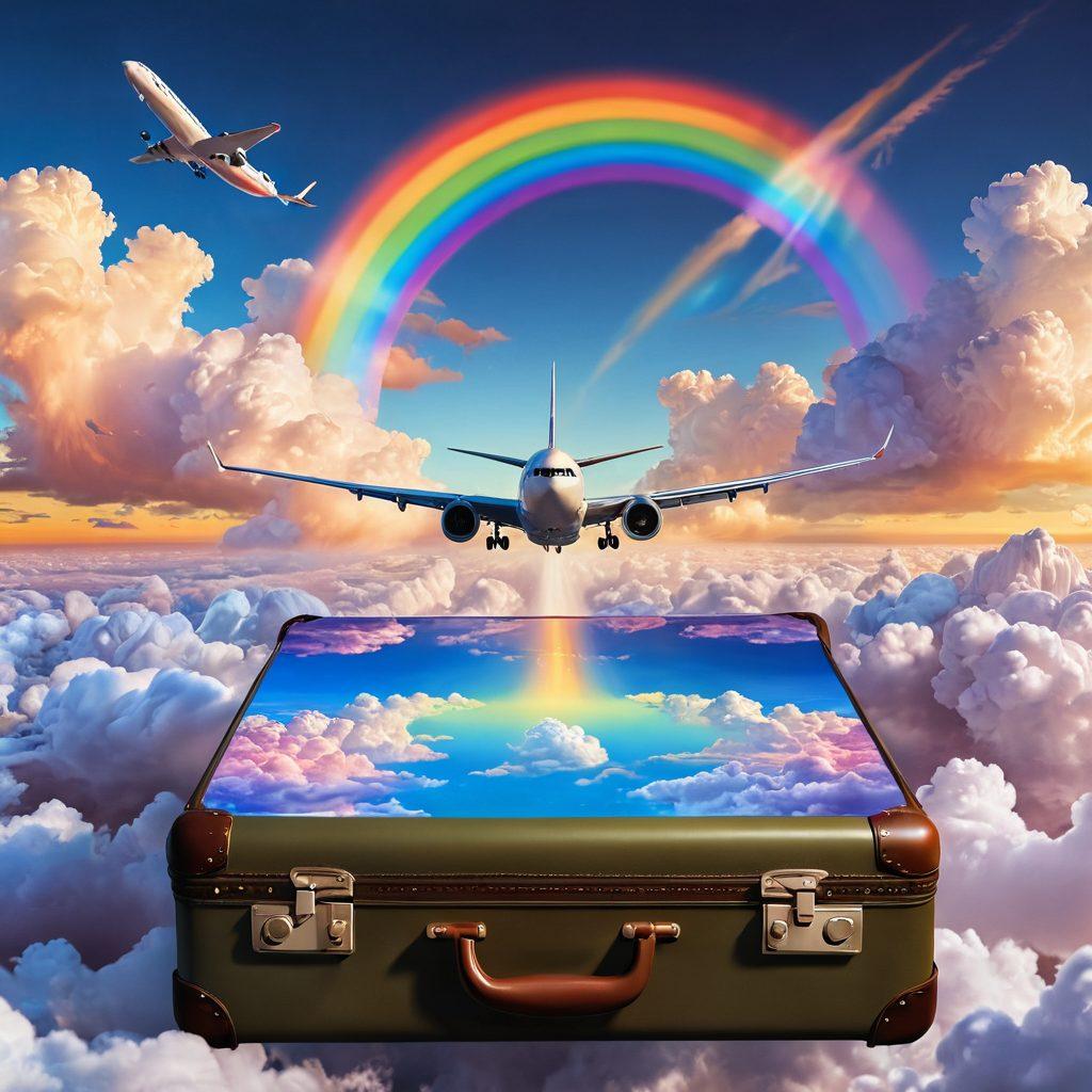 A dreamy landscape featuring a couple holding hands, gazing at a sunset from an airplane window, with fluffy clouds and a rainbow illuminating the sky. Include symbols of love like hearts and travel elements like a globe and a suitcase. Create an atmosphere of romance and adventure together with a sense of affordability. super-realistic. vibrant colors. 3D.